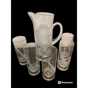 Vintage Anchor etched Cocktail Pitcher And 4 Glasses‎